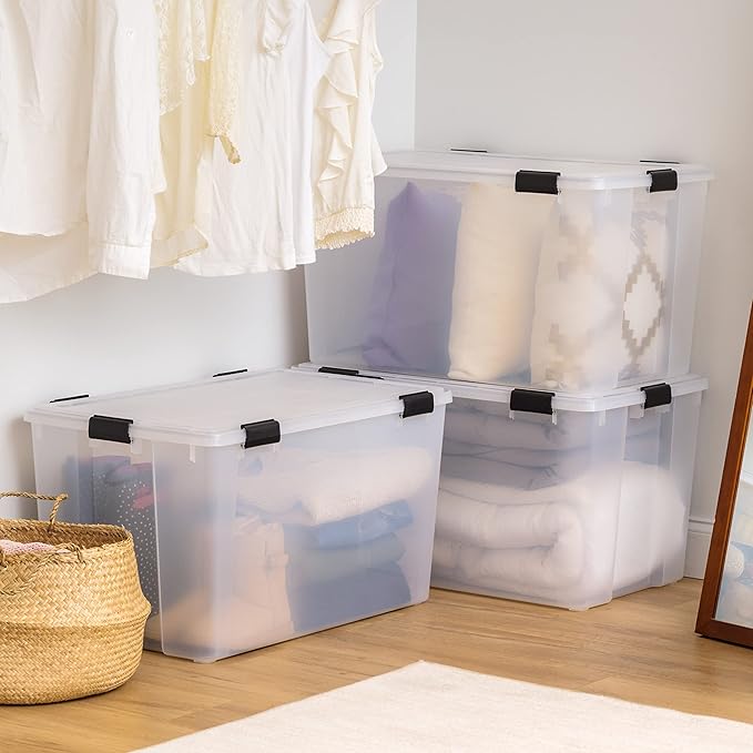 IRIS USA 156 Qt Storage Box with Gasket Seal Lid, 3 Pack - BPA-Free, Made in USA - Heavy Duty Moving Containers with Tight Latch, Weather Proof Tote Bin, WEATHERPRO - Clear/Black