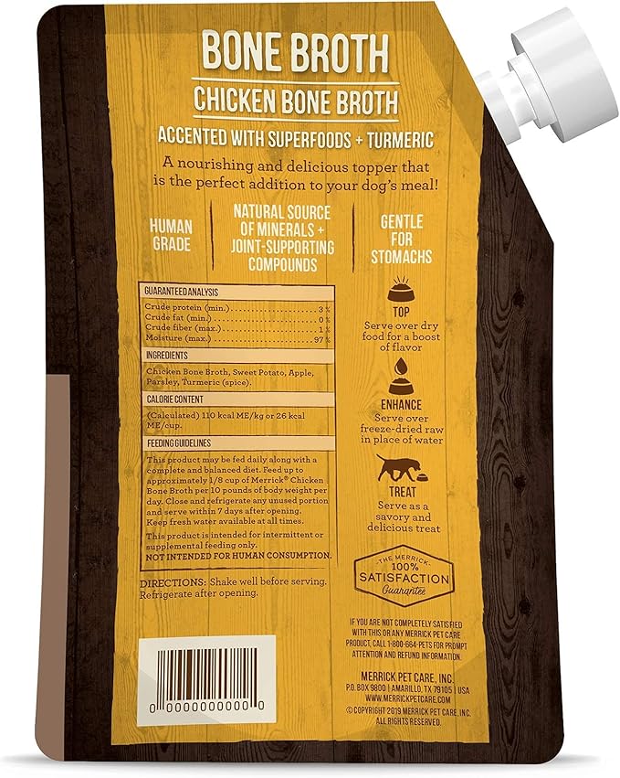 Merrick Grain Free Bone Broth, Premium Human Grade And Gluten Free Dog And Cat Food Topper Pouches, Chicken - 16 oz. Pouch.