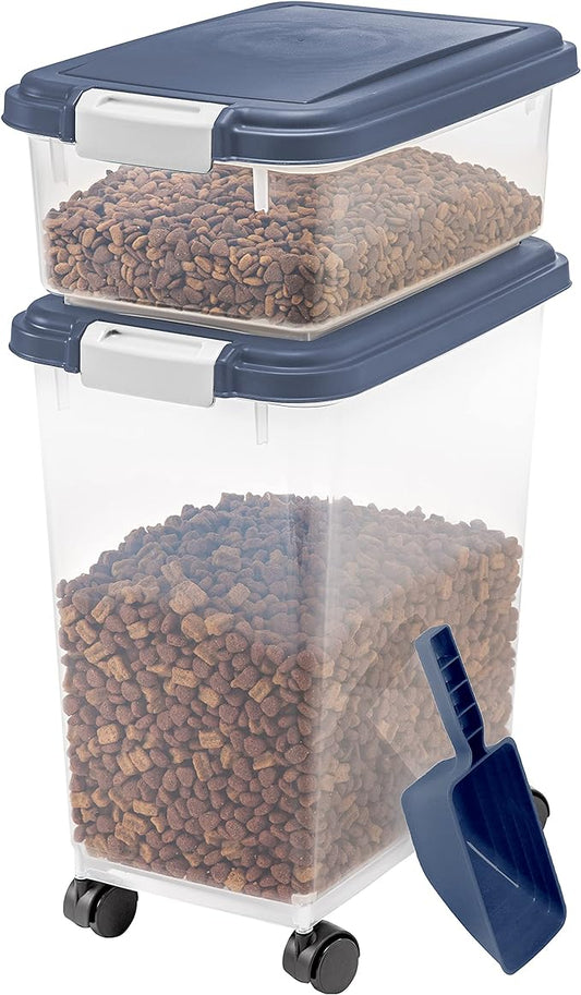 IRIS USA 30 lbs & 11 lbs Combo Airtight Dog Food Storage Container, Stackable Treat Box, 2-Cup Scoop, Wheels, Keep Fresh, Easy Mobility, Navy