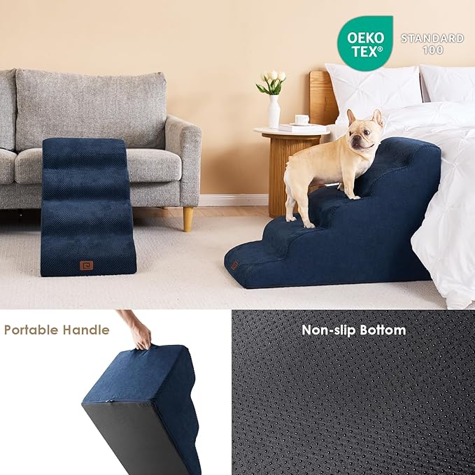 EHEYCIGA Curved Dog Stairs for High Beds 22.6" H, 5-Step Dog Steps for Small Dogs and Cats, Pet Stairs for High Bed Climbing, Non-Slip Balanced Pet Step Indoor, Navy