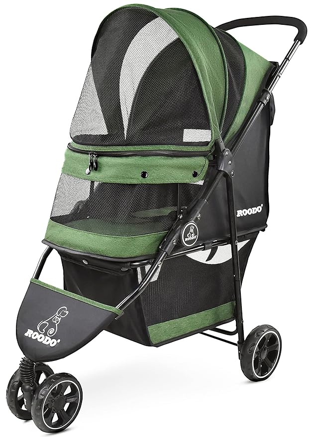 ROODO Dog Stroller 3Wheel Pet Stroller Cat Stroller Lightweight Foldable Portable Compact Jogger Pet Gear Puppy Travel Pet Stroller Suitable for 30lbs Small Dogs and Cats(Green)