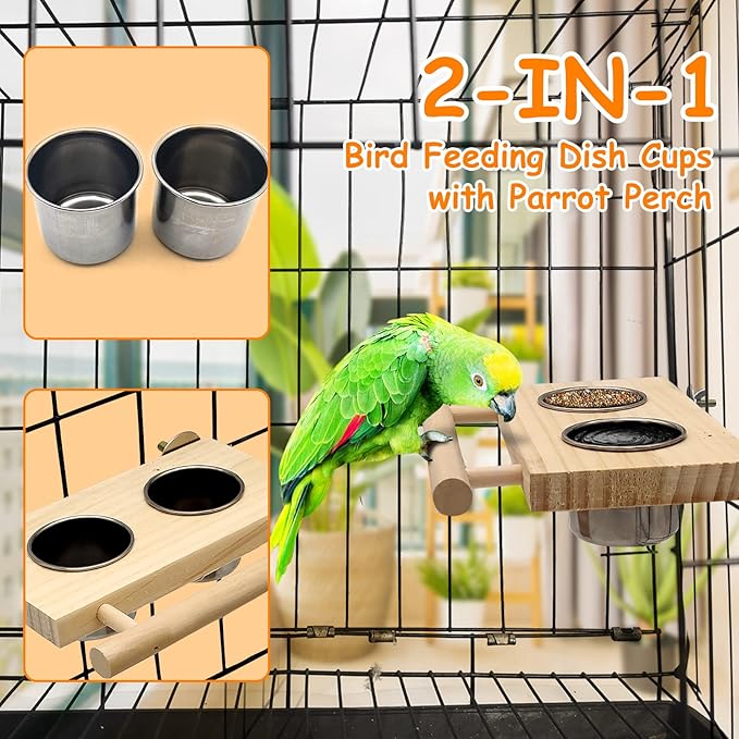 Tfwadmx Bird Food Stainless Steel Cups Wooden Perch Stand Hanging Feeder Bowls Feeding and Watering Supplies for Parakeets Conures Cockatiels Budgie Parrot