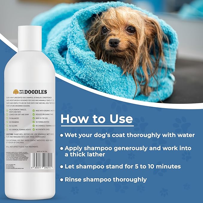 USDA Organic Dog Shampoo, Conditioner & Detangler - Best Shampoo for Goldendoodles, Poodles & Doodles - for Matted Pet Hair - Sensitive Skin Shampoo for Puppies - Made in The USA, 16OZ (Unscented)