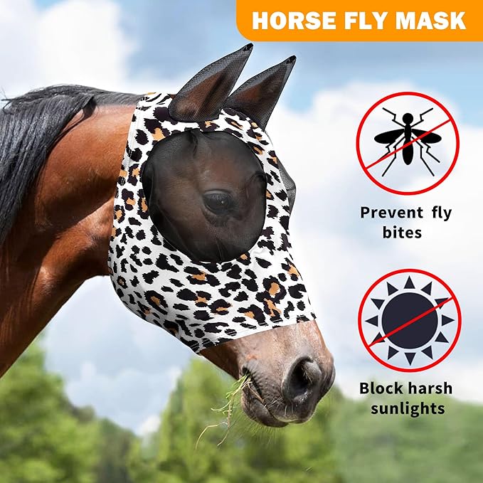 Horse Fly Mask, Softer Stretchy Fly Masks for Horses, Comfortable and Breathable Horse Fly Masks with Ears, Shade and Cooling to Protect The Horse's face from Disturbance, Leopard L