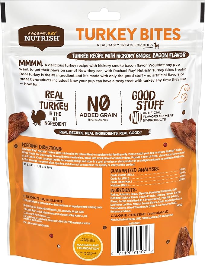 Rachael Ray Nutrish Turkey Bites Real Meat Grain Free Dog Treats, Turkey Recipe with Hickory Smoked Bacon Flavor, 5 Ounce (Pack of 5) Packaging May Vary