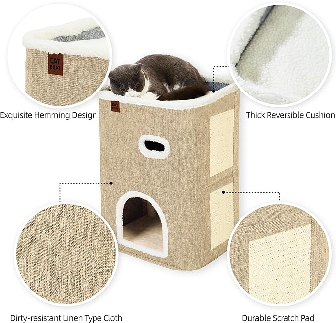 CATBOAT 2-Storey Cat House for Indoor Cats Bed, Covered Cat Beds & Furniture with Scratch Pad and Hideaway Cave, Cute Modern Cat Condo for Multi Small Pet Large Kitten Kitty, Brown