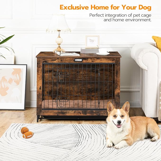 HOOBRO Dog Crate Furniture, Large Dog Kennel, Wooden Pet Furniture with Pull-Out Tray, Home and Indoor Use, Double Doors Modern Side End Table for Medium/Large/Small Dog, Rustic Brown BF802GW03G1