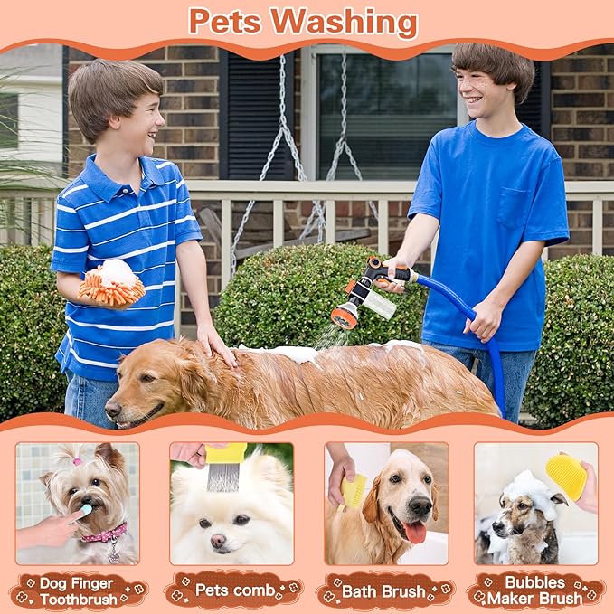 Pup Jet Dog Wash, 8 Way Spray Pattern Garden Hose Nozzle with Soap Dispenser, Dog Wash Supplies with 2 type Dog Bath Brush, Dog Comb and Toothbursh, Car Wash Mitt for Washing Cars & Pets