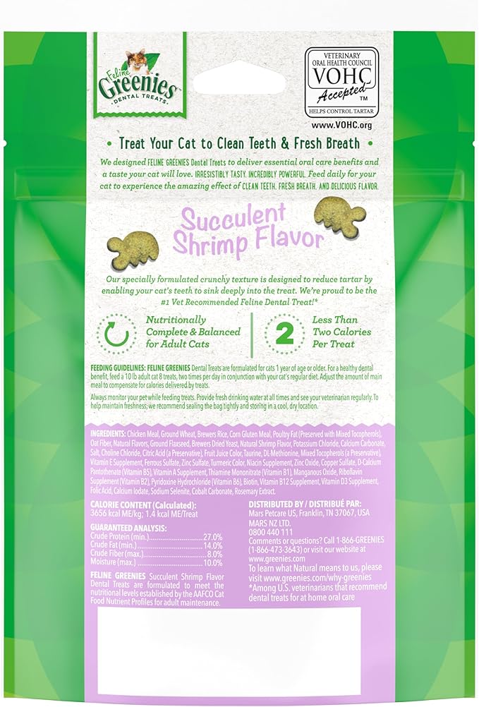 Greenies Feline Adult Natural Dental Care Cat Treats, Succulent Shrimp Flavor, (10) 2.1 oz. Pouches