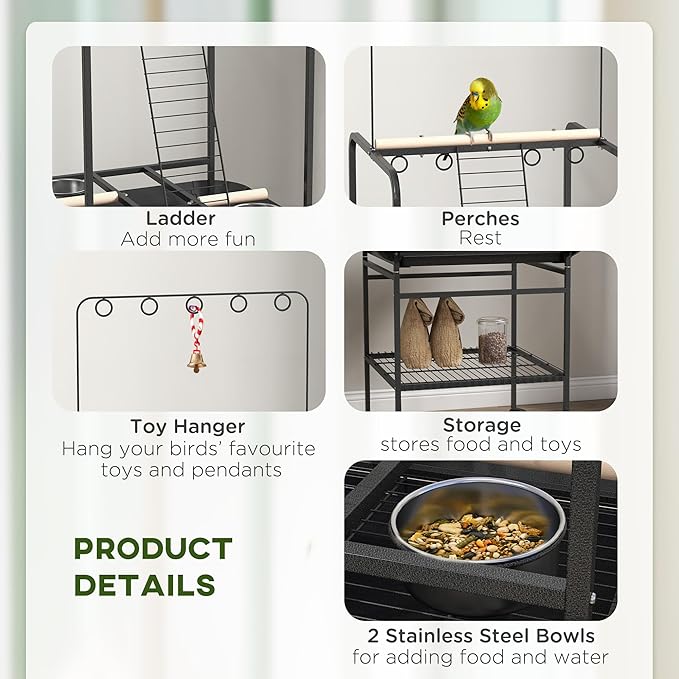 NicBex 61" Large Bird Stand with Wheels,Bird Play Stand for Parrot Lovebirds Finches Parakeets Budgie Parrotlet Conures,Parrot Stand with Perches, Stainless Steel Feed Bowls,Toy Hanger,Gray