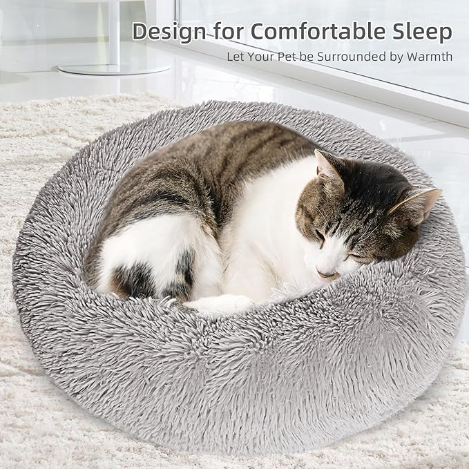 Cat Bed for Indoor Cats,24 Inch Cat Bed & Dog Bed Machine Washable, Fluffy Round Pet Bed Non-Slip, Calming Soft Plush Donut Cuddler Cushion Self Warming for Puppy and Kitten