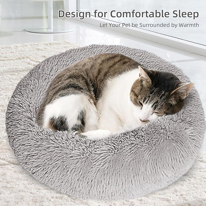 Cat Bed for Indoor Cats, 20 Inch Calming Soft Plush Cat Bed Dog Bed for Small Medium Cats or Dogs,Washable-Round Pet Bed for Puppy and Kitten with Slip-Resistant Bottom