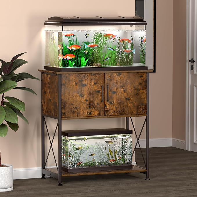 20-29 Gallon Aquarium Stand Metal Frame Fish Tank Stand with Cabinet Storage, for 20 Gallon Long Aquarium,30.7" L*16.5" W Tabletop,330LBS Capacity Rustic Brown and Black PG01YGN