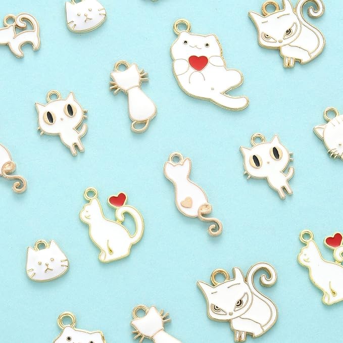 KitBeads 50pcs Enamel White Cat Charms Mixed Styles Cute Animal Charms Cartoon Kitten Charms for Jewelry Making Bracelets Bulk