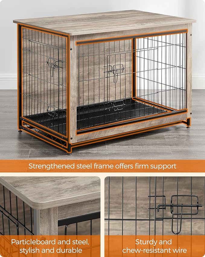 Feandrea Dog Crate Furniture, Side End Table, Modern Kennel for Dogs Indoor up to 70 lb, Heavy-Duty Dog Cage with Multi-Purpose Removable Tray, Double-Door Dog House, Greige UPFC003G01