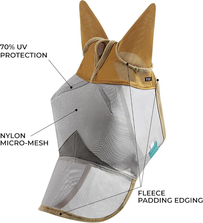 Horse Fly Mask with Ears and Nose – Fly Masks with Nose Ears Cover - Non-Heat Transferring Mesh – 70% Uv Protection - Breathable Equine Fly Mask – Full Size Horses – Soft and Comfortable Face Flymask