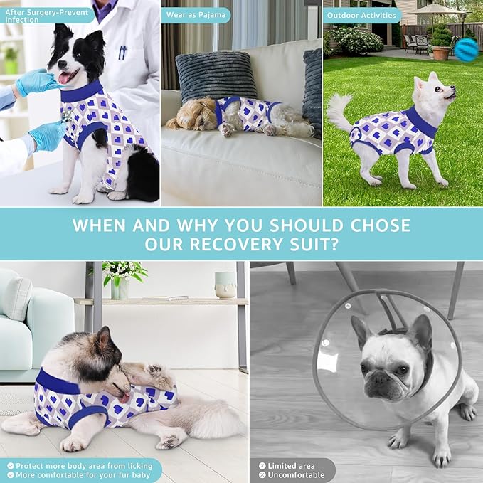 Recovery Suit for Dogs, Dog Recovery Suit Male Female Post Spay, Neuter, Abdominal Surgery Recovery Suit with an Inner Layer Pocket, Prevent Licking Soft Breathable Cotton, Blue, L
