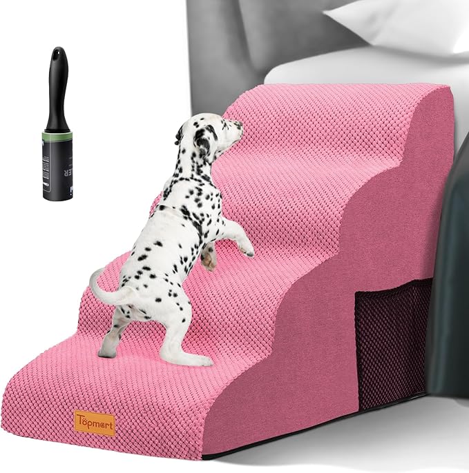 Topmart High Density Foam Dog Steps 4 Tiers,Extra Wide Deep Pet Steps, Non-Slip Pet Stairs,Dog Ramp for Bed,Soft Foam Dog Ladder,Best for Older Dogs Injured,Older Pets,Cats with Joint Pain,Color Pink