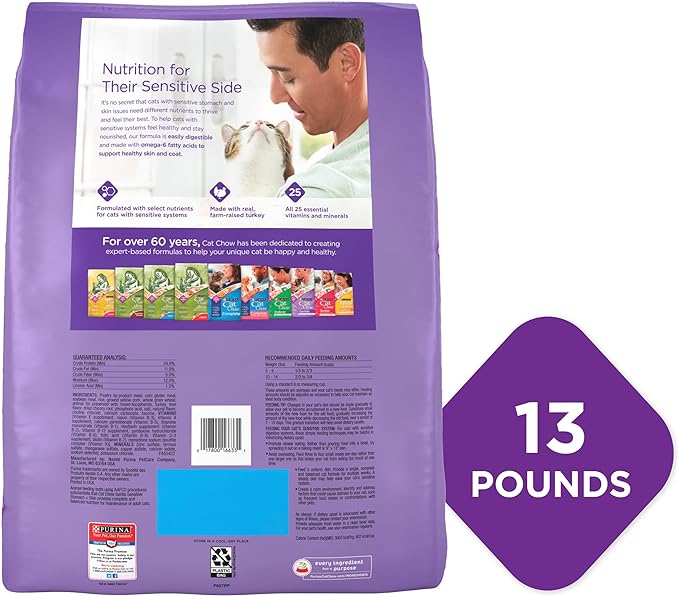 Purina Cat Chow Gentle Dry Cat Food, Sensitive Stomach + Skin - 13 lb. Bag