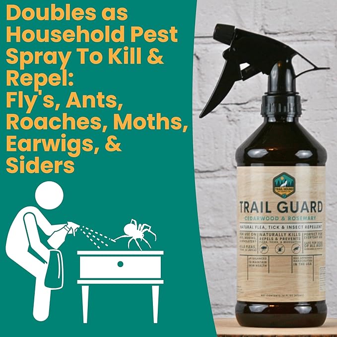 Trail Guard Natural Extra Stregth Insect, Flea and Tick Spray for Dogs, Cats, People & Home - 16oz Plant-Based Insect & Tick Repellent for Dogs - Kid Safe - DEET Free - Flea and Tick Prevention