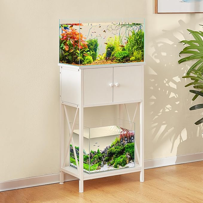 10 Gallon Fish Tank Stand with Cabinet, Double Aquarium Stand for 10 & 5 Gallon Fish Tank, Heavy Metal Stand with Stable Structure, Adjustable Table Feet & Anti-tilt Device - White