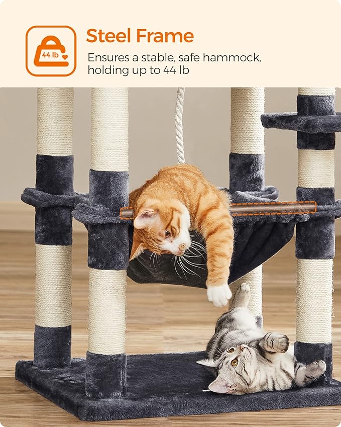 FEANDREA Cat Tree, Cat Tower for Indoor Cats, 56.3-Inch Cat Condo with Scratching Posts, Hammock, Plush Perch, Smoky Gray UPCT15GYZ