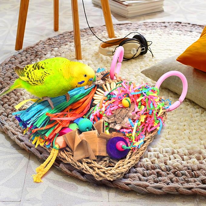 KATUMO Conure Toys, Bird Grass Mat Parakeet Shredder Hanging Toys Cockatiel Foraging Toys Parrot Climbing Wall Toys Lovebird Cage Toys for Small Birds