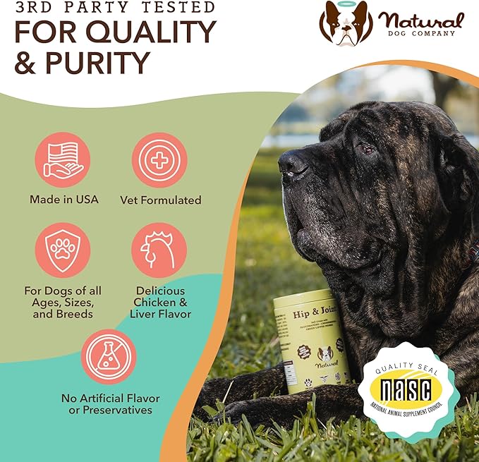 Natural Dog Company Hip & Joint Chews, Chicken Liver & Turmeric Flavor, with Glucosamine Chondroitin for Dogs, Maintains Bone and Joint Health, Supplements for Seniors and Puppies, 180 Count