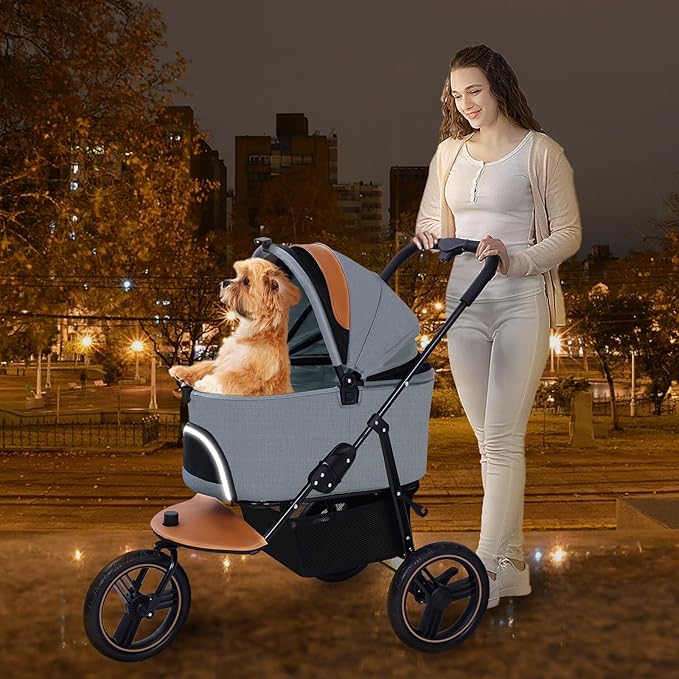 Dog Stroller for Medium Small Dogs, 3 in1 Pet Stroller Zipperless Dog Cat Jogger Stroller 3 Wheels with Detachable Dog Carriage, Storage Basket and One-Button Folding Frame for Pets Walk-Gray