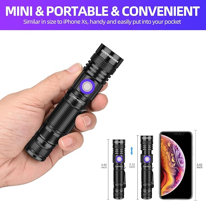 DARKBEAM UV 365nm Flashlight Blacklight Rechargeable USB Wood’s lamp Handheld Ultraviolet Black Light LED Portable, Pet Urine Detector, Resin Curing, Appraisal, Fluorescent Detection, 2 Pack