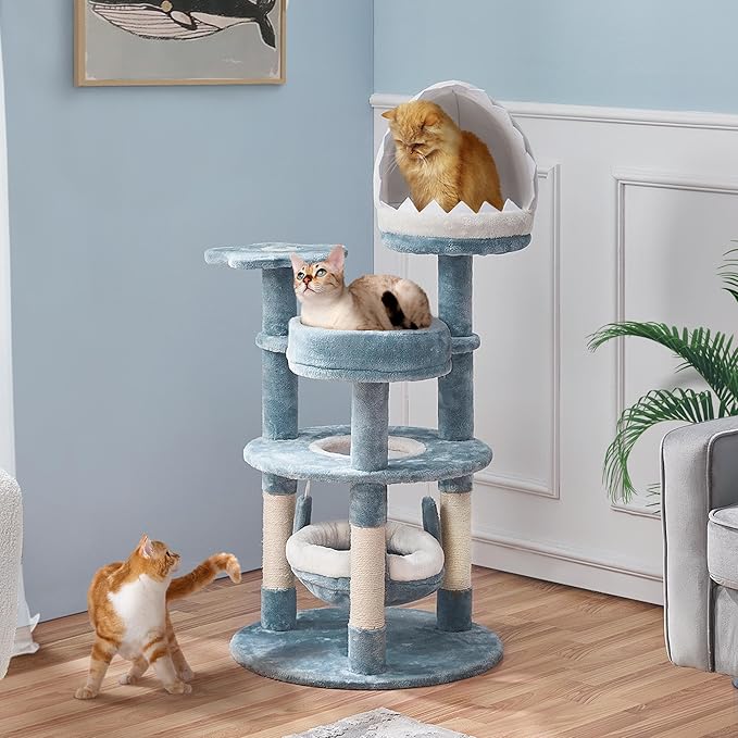 Yaheetech 45.5in Ocean-Themed Cat Tree Multi-Level Cat Tower, Plush Cat Furniture with Shark's Mouth-Shaped Nest, Sea Star-Shaped Perch, Jellyfish-Style Hammock for Indoor Cat Kitty