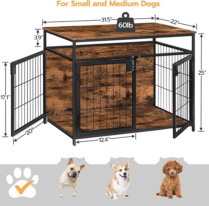 HOOBRO Dog Crate Furniture, 31.5 Inches Wooden Dog Crate, Dog Kennels Indoor with 3 Doors, Decorative Pet House End Table, for Small/Medium Dog, Chew-Resistant, Rustic Brown and Black BF83GW03