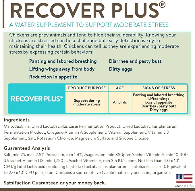 Recover Plus Moderate Stress Probiotic Water Supplement for Chickens with Electrolytes & Oregano, 8 oz
