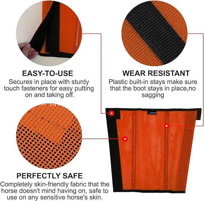 Horse Fly Boots, Adjustable Fly Boots for Horses Set of 4, Comfortable Horse Leggings, Breathable Plastic Mesh Material, Horse Supplies for Reduces Stress & Leg Fatigue (Orange)