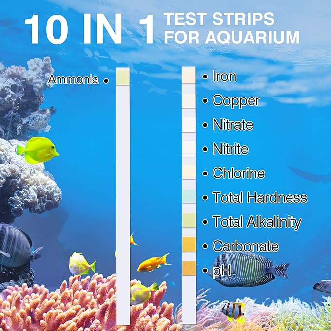 10 in 1 Ammonia Test Kit for Aquarium, 150ct Aquarium Ammonia Test Strips Freshwater Saltwater, Fish Tank Aquarium Test Strips Kit - Testing Ammonia and 9 More !