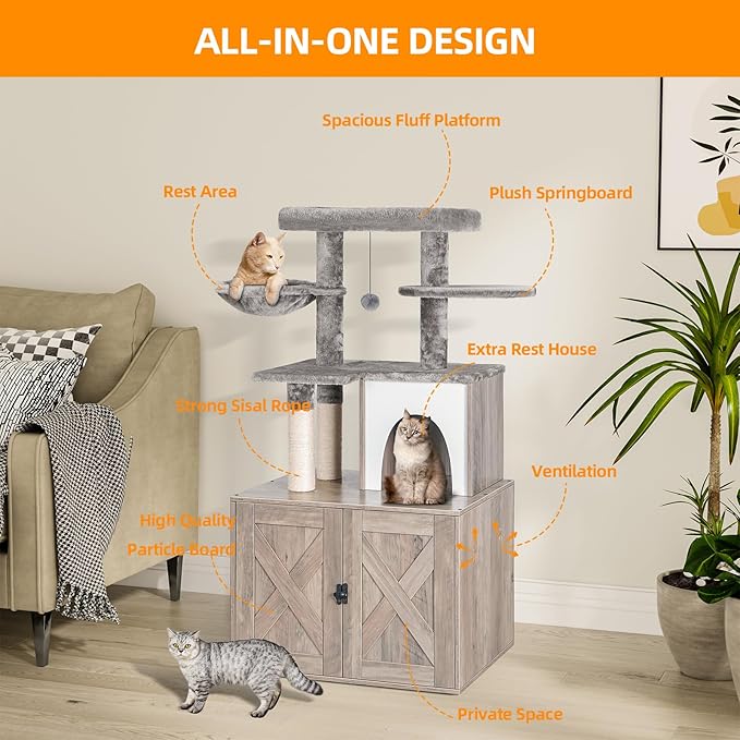 Snughome Cat Litter Box Enclosure with Cat Tree Tower and Condo, Hidden Cat Washroom Furniture with Sisal Scratching Post and Soft Plush Perch, Wooden Cat Furniture with Multiple Platforms, Grey