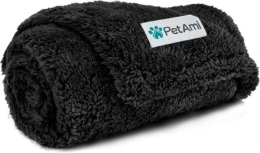 PetAmi Fluffy Waterproof Dog Blanket for Small Medium Dogs, Soft Warm Pet Sherpa Throw Pee Proof Couch Cover, Reversible Cat Puppy Bed Blanket Sofa Protector, Plush Washable Pad (Black, 24x32)