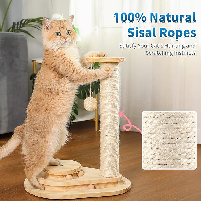 Made4Pets Cat Scratcher, Scratching Post for Indoor Cats with Stable Widen Base, 18.9" Tall Wood Ball Toy with 2-Level Track for Small Kittens, Natural Sisal Rope and Ball for Fun