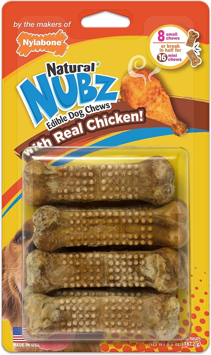 Nylabone Nubz Natural Edible Chew Treats for Dogs, Made in USA, Chicken Flavor, Small - Up to 25 lbs. (8 Count)