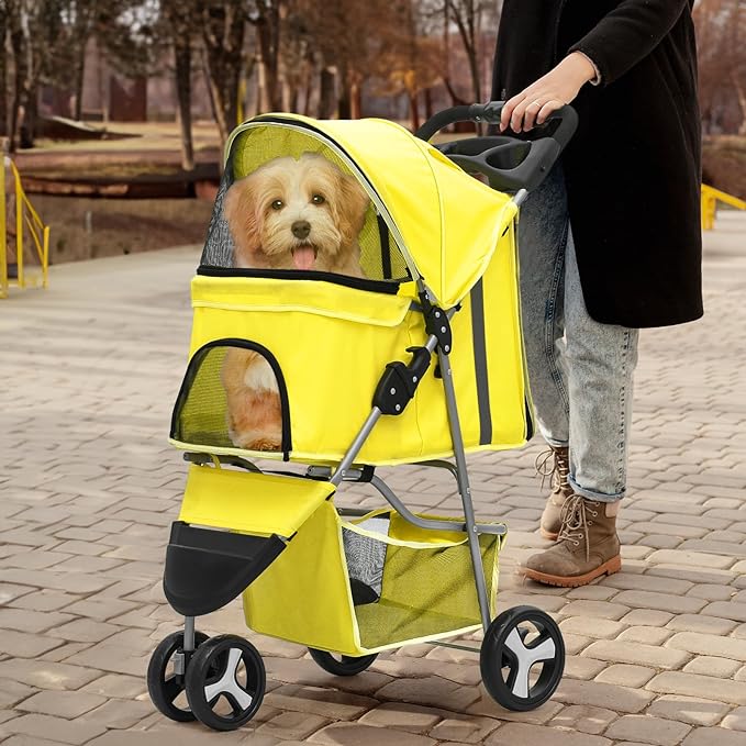 MoNiBloom Foldable Pet Stroller with Waterproof Cover, 3-Wheels Dog Strolling Cart for Small/Medium Dogs and Cats with Storage Basket and Cup Holder, Breathable and Visible Mesh for All-Season, Yellow