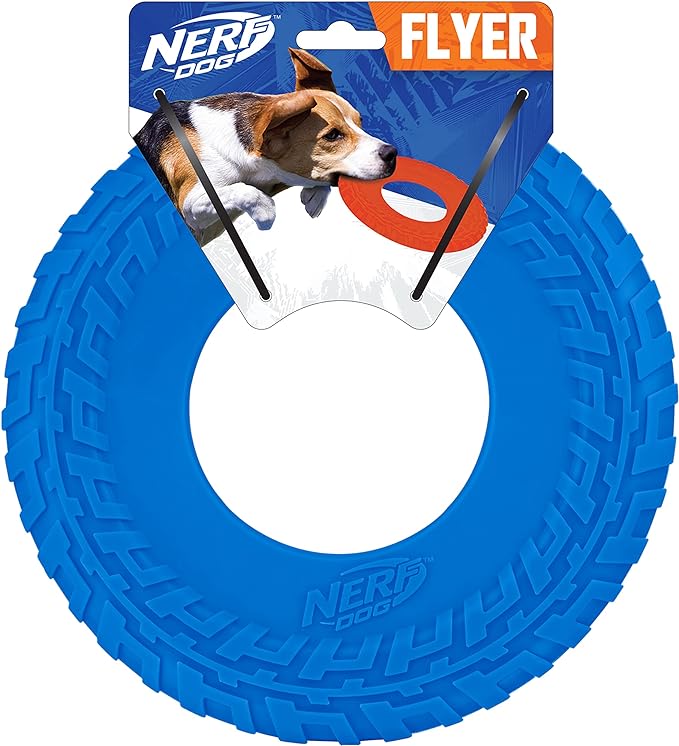 Nerf Dog Rubber Tire Flyer Dog Toy, Flying Disc, Lightweight, Durable, Floats in Water, Great for Beach and Pool, 10 Inch Diameter, for Medium/Large Breeds, Single Unit, Blue, original