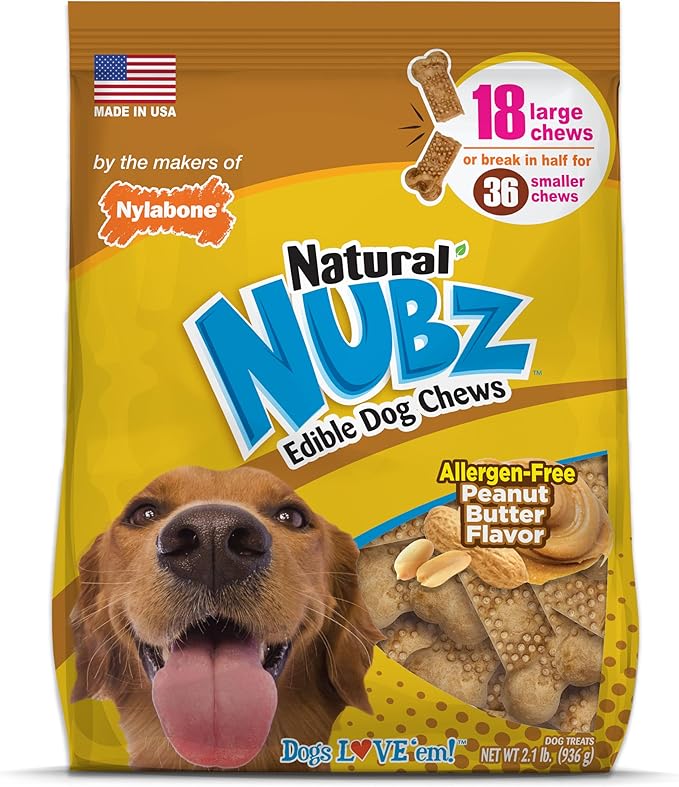 Nylabone Nubz Natural Edible Chew Treats for Dogs, Made in USA, Peanut Butter Flavor, Large - Up to 50 lbs. (18 Count)