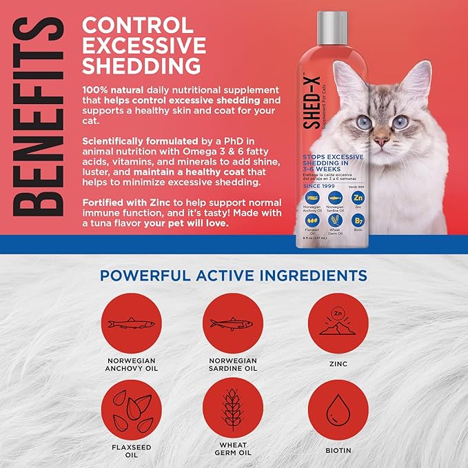 Shed-X Liquid Cat Supplement, 8oz – 100% Natural – Shed Defender, Help Excessive Cat Shedding with Cat Supplements of Essential Fatty Acids, Vitamins, and Minerals