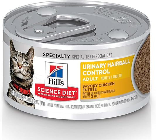 Hill's Science Diet Urinary Hairball Control, Adult 1-6, Urinary Track Health & Hairball Control Support, Wet Cat Food, Chicken Minced, 2.9 oz Can, Case of 24