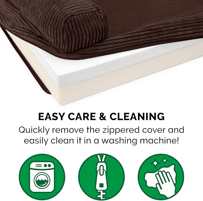 Furhaven Memory Foam Dog Bed for Large Dogs w/ Removable Bolster & Washable Cover, For Dogs UP to 125 lbs - Fleece & Corduroy Bolster Chaise - Dark Espresso, Jumbo Plus/XXL
