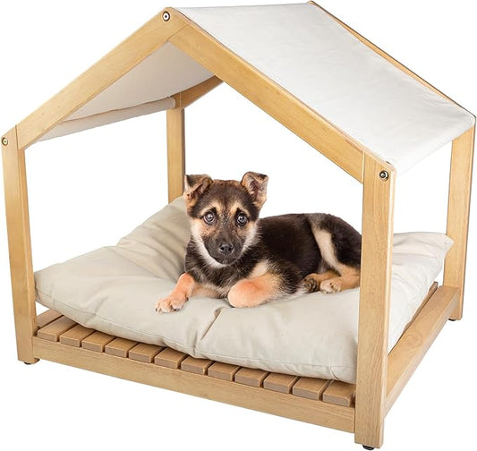 Dog House - 30x24-Inch Indoor Dog House with Soft Cushion and Adjustable Canopy - Wood Dog Furniture for Small to Medium Pets up to 70lbs by PETMAKER