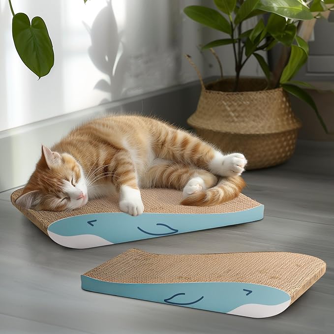 ComSaf Cat Scratching Board 2 Pack, Cat Scratcher Cardboard, Curved Cat Scratcher, Cute Cat Scratch Pad for Kitty, Recycle Cardboard Cat Scratcher, Double-Sided Pad for Long Lasting Use (Blue Whale)