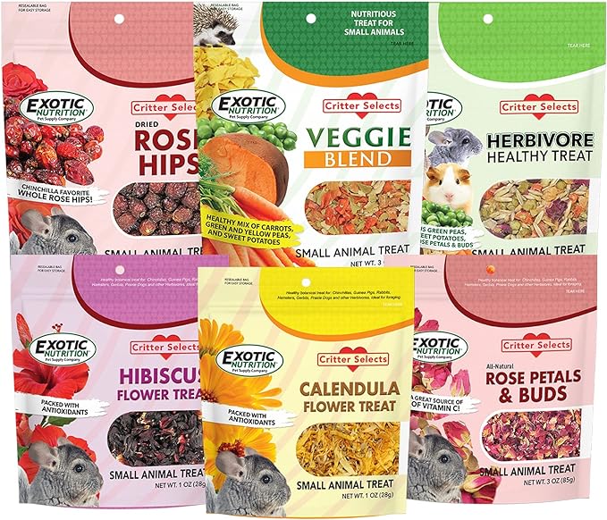 Exotic Nutrition Herbivore Treats 6 Pack - Healthy Assortment Small Animal Pet Treat - Squirrels, Guinea Pigs, Rabbits, Chinchillas, Prairie Dogs, Degus, Hamsters, Gerbils, Herbivores