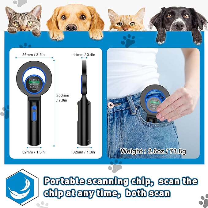 Pet Microchip Scanner Rechargeable RFID Micro Chip Reader Scanner ISO11784/85/FDX-B/EMID 240 Records Data Storage Upload to PC，for Animal/Pets/Pigs/Dogs/Cats