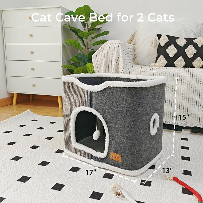 Large Cat Bed for Indoor Cats, Adult Cat Cave Cat House Cube with Scratch Pad Cat Towers, Cute Kitten Condo Hideaway Hut with Washable Soft Cat Pillow Mat for Multi Pets Under 30 lbs